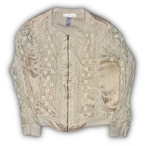Women's Cream and Tan Lace Zip Up Jacket